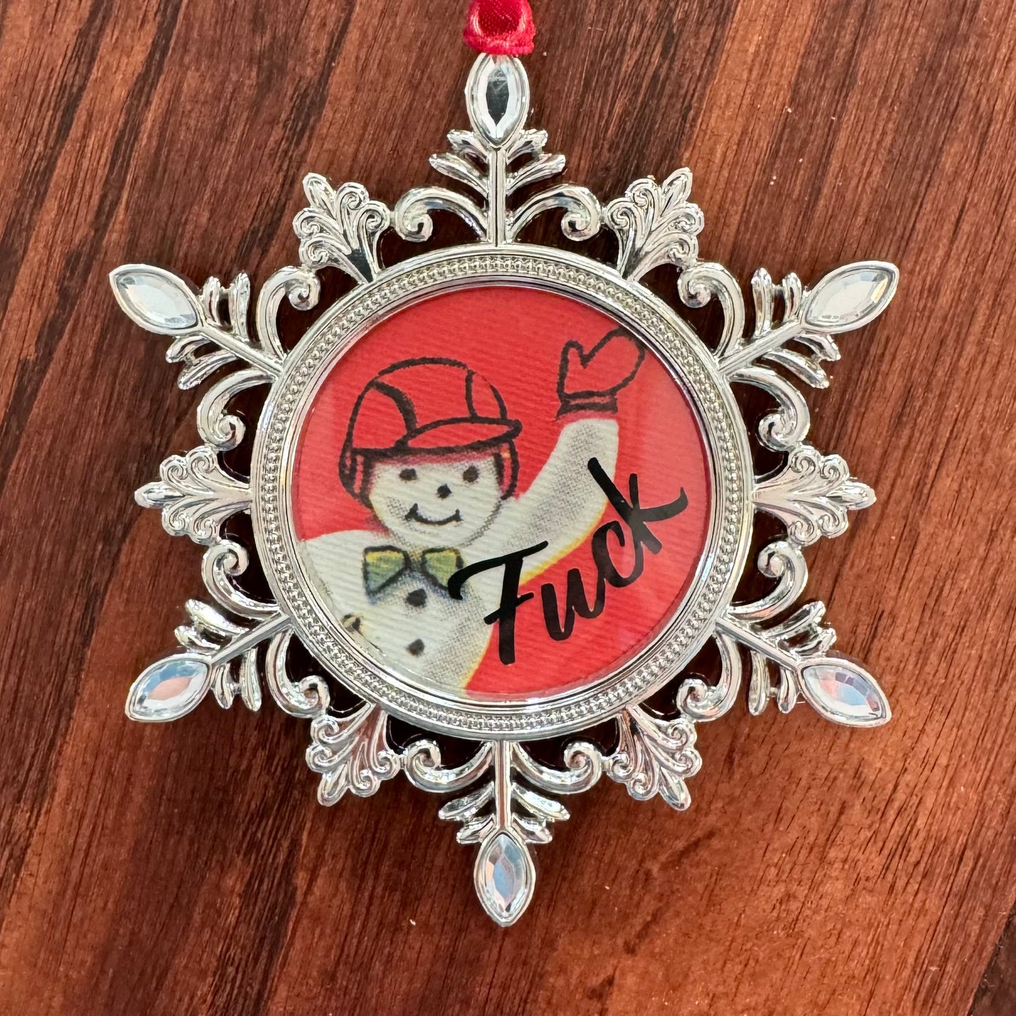 Vintage Snowman Snowflake Fuck Silver Holiday Ornament