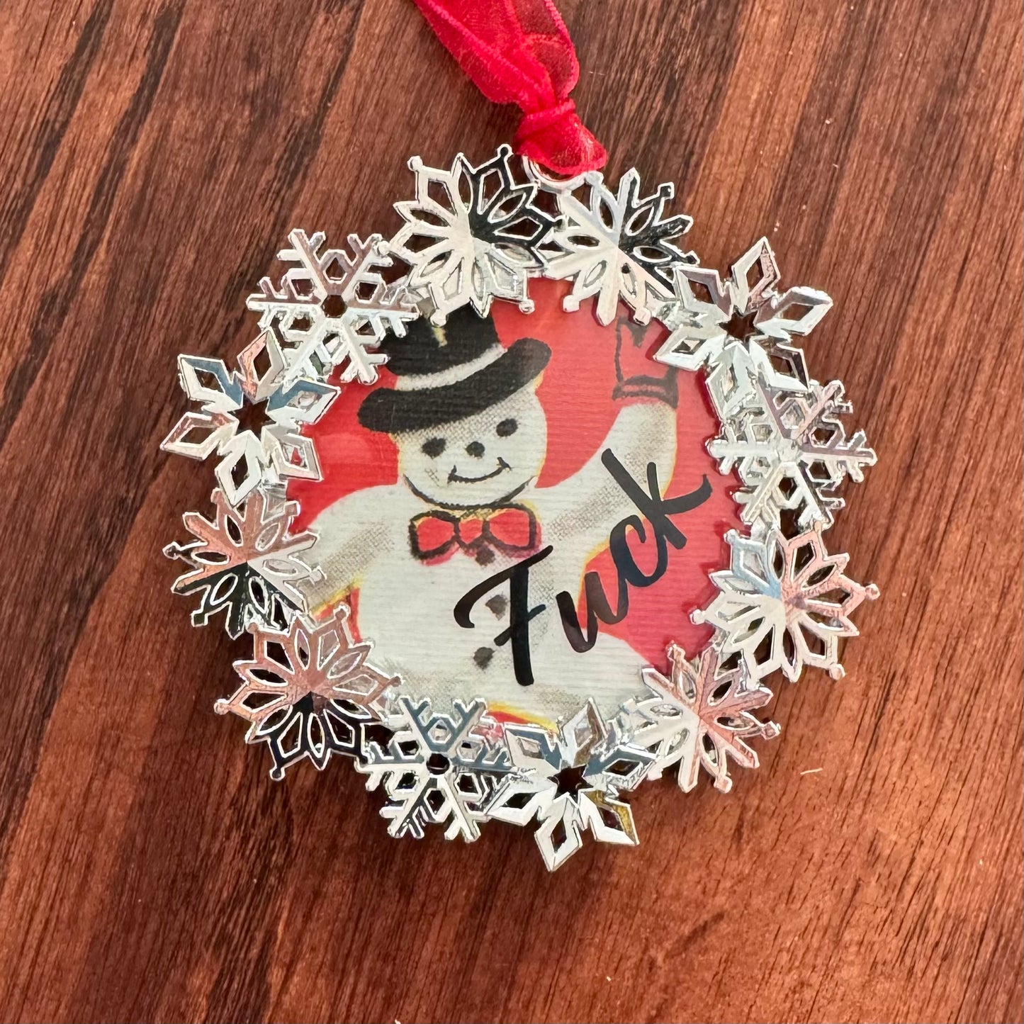 Vintage Snowman Snowflake Wreath Fuck Holiday Ornament