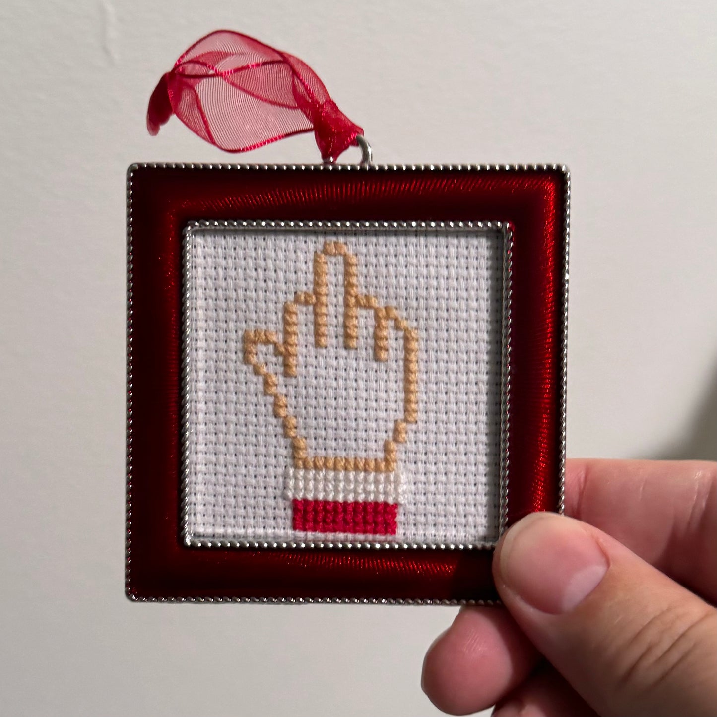 Middle Finger Square Cross Stitch Holiday Ornament