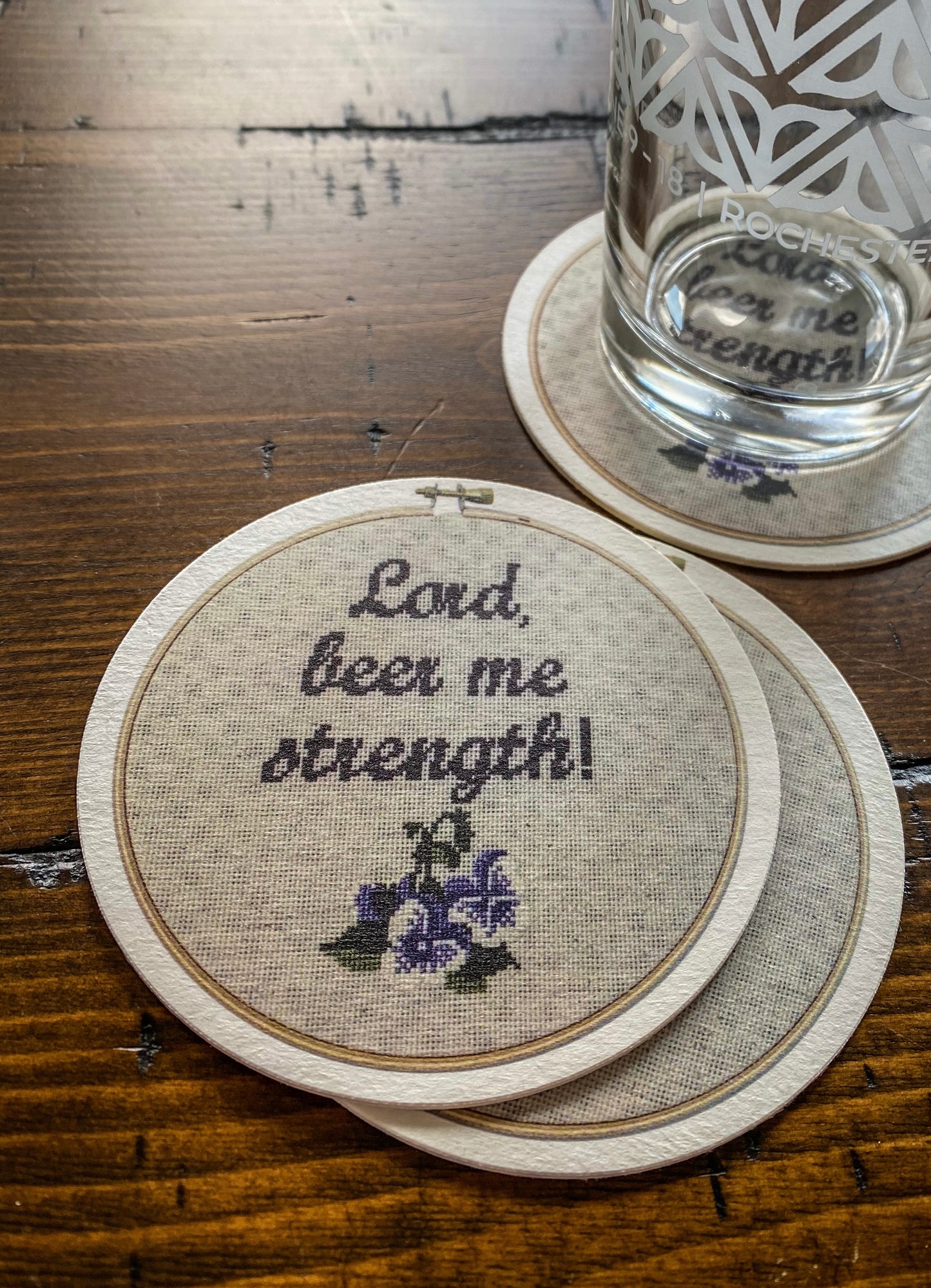 Lord Beer Me Strength - 4 Pack Cross Stitch Inspired Paper Coasters