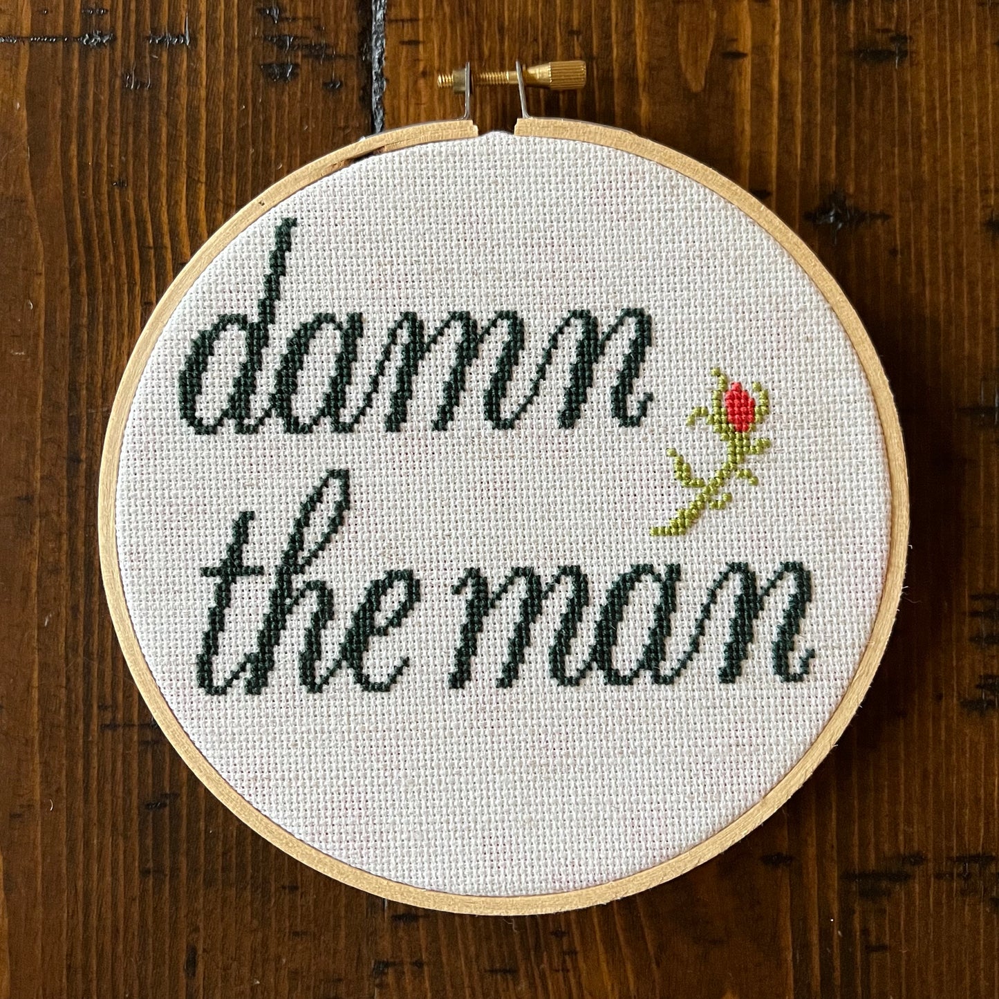 Damn the Man 6” Hand Stitched Cross Stitch Hoop
