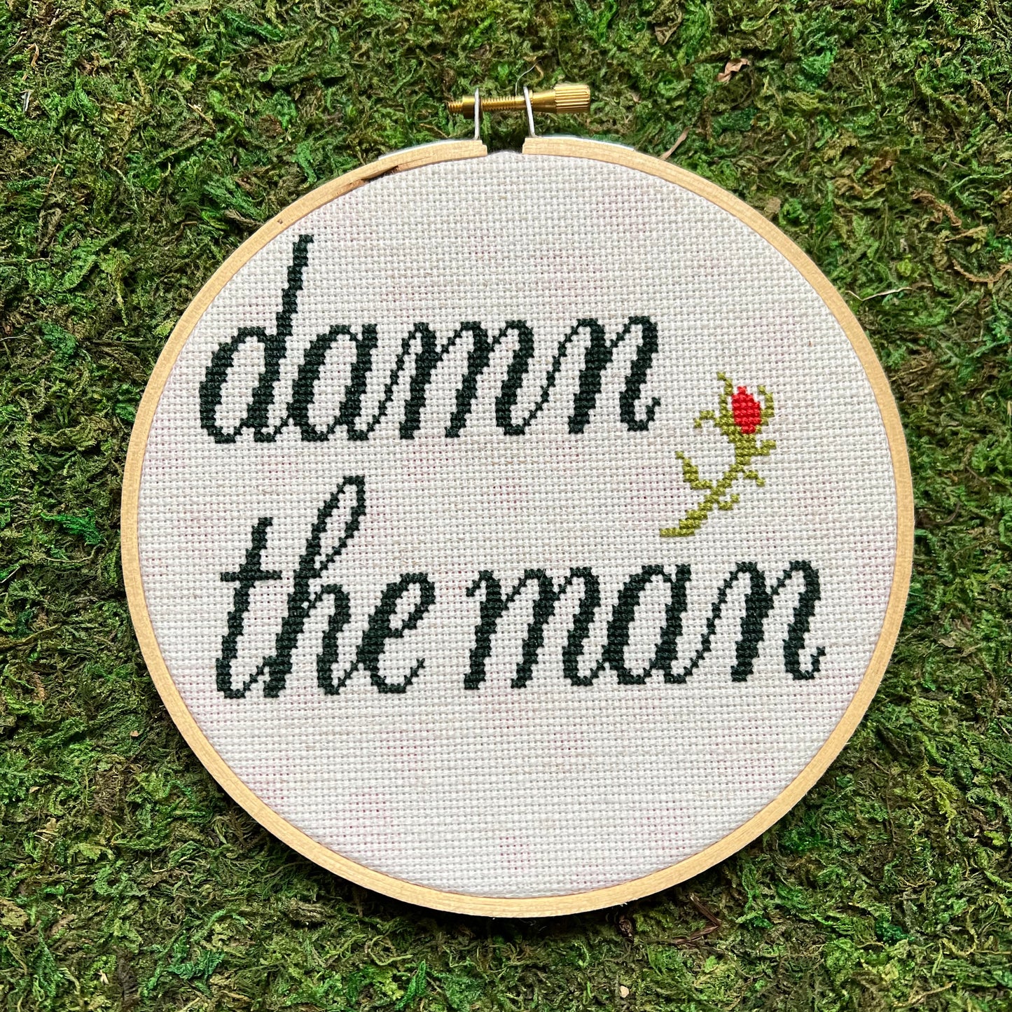 Damn the Man 6” Hand Stitched Cross Stitch Hoop