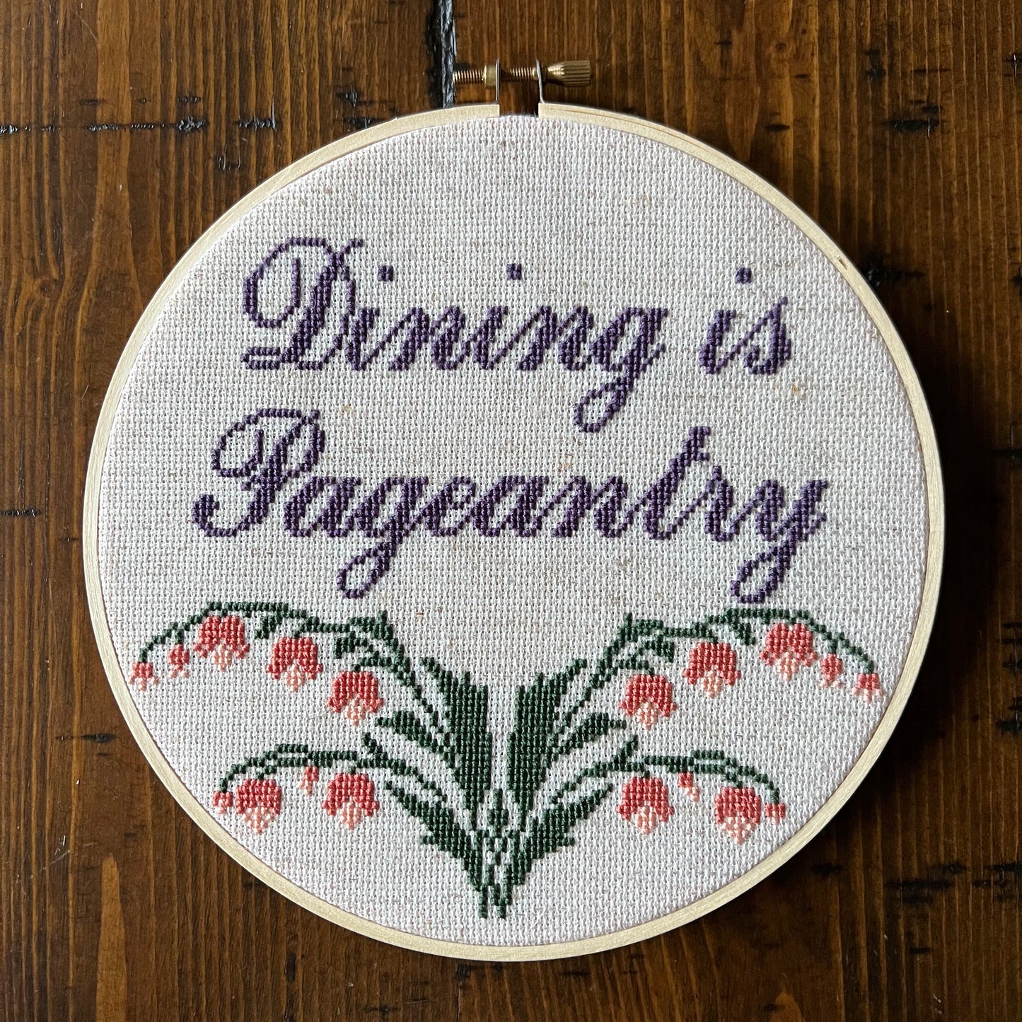 Dining Is Pageantry 7” Hand Stitched Cross Stitch Hoop