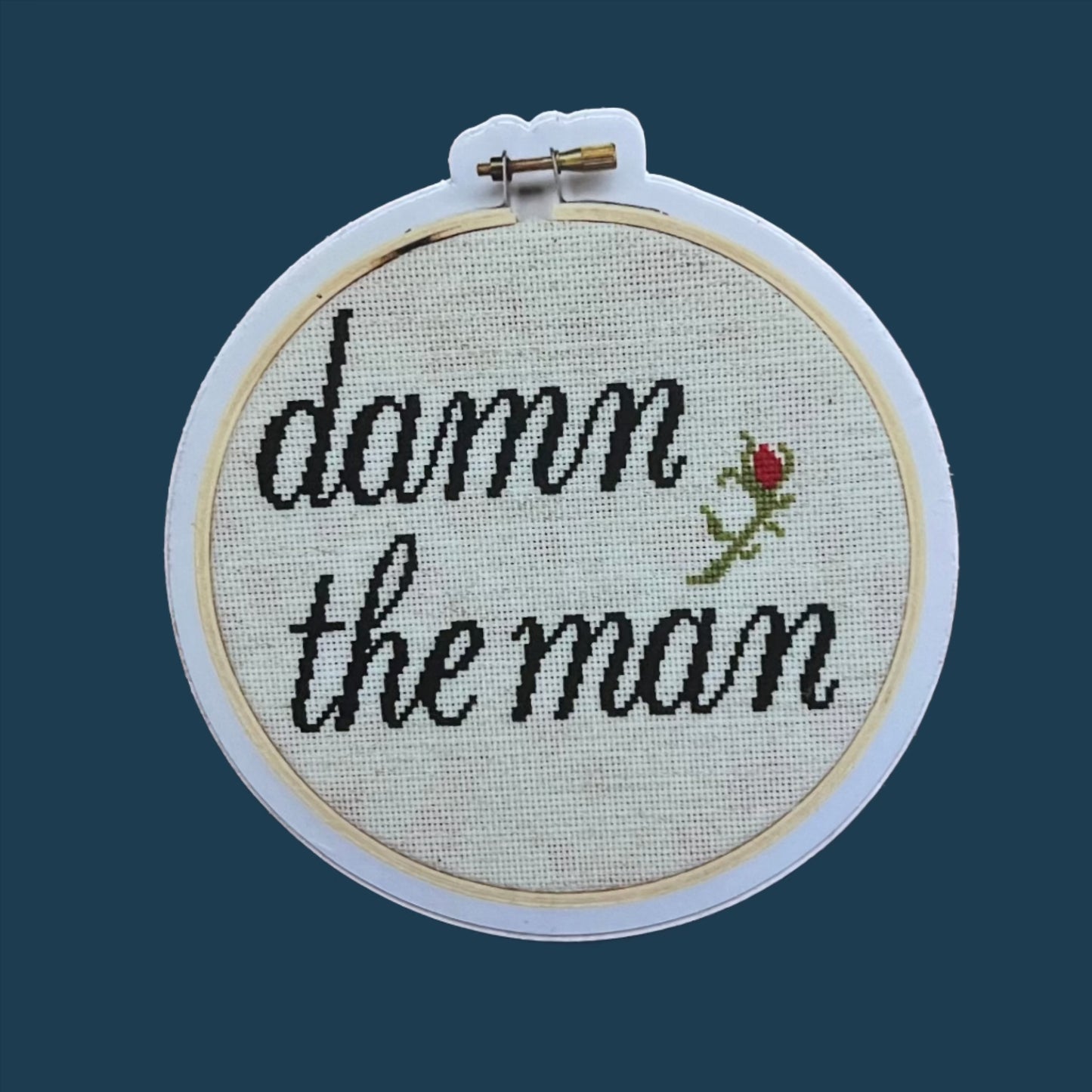Damn the Man Cross Stitch Inspired Vinyl Sticker