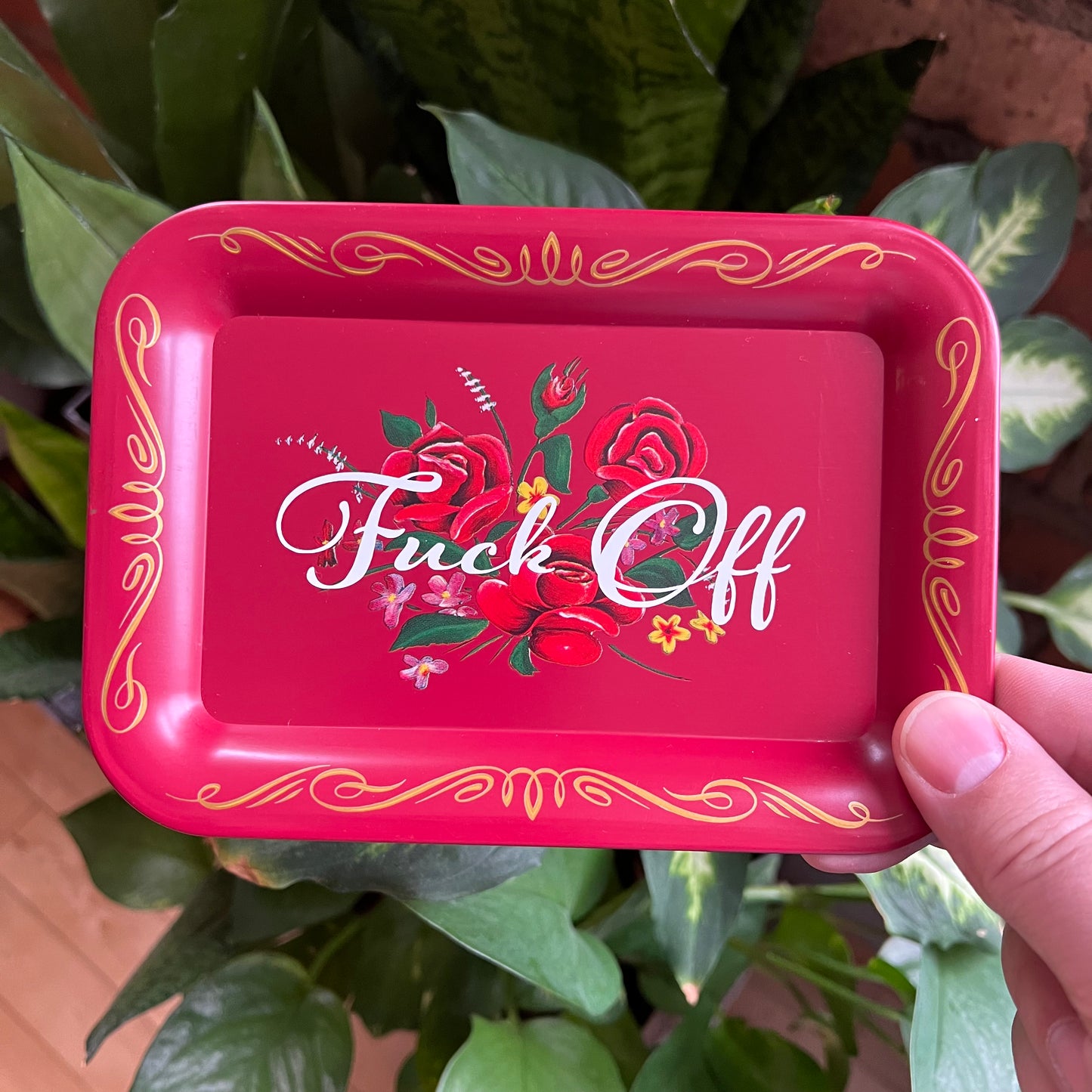 Fuck Off Vintage Red Lithoware Tole Rose Tray
