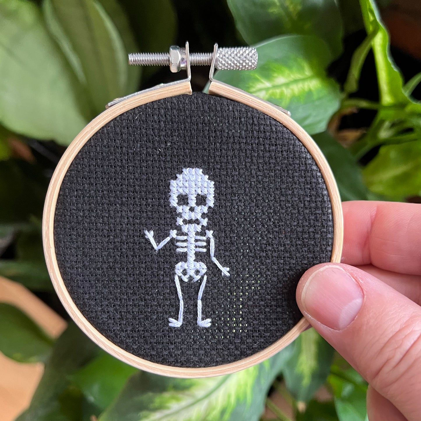 Skeleton 3” Hand Stitched Cross Stitch Hoop