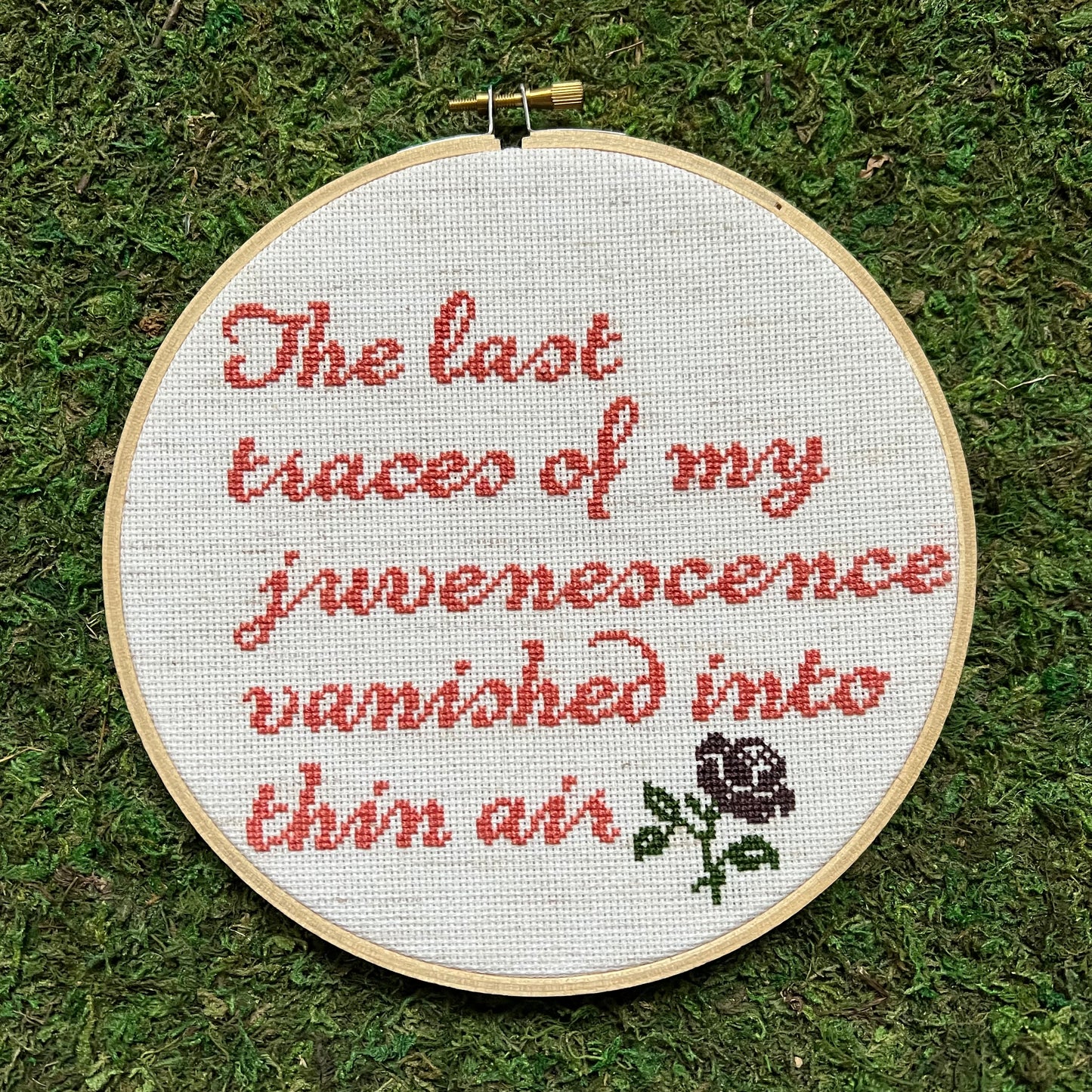 The Last Traces Of My Juvenescence 7” Hand Stitched Cross Stitch Hoop