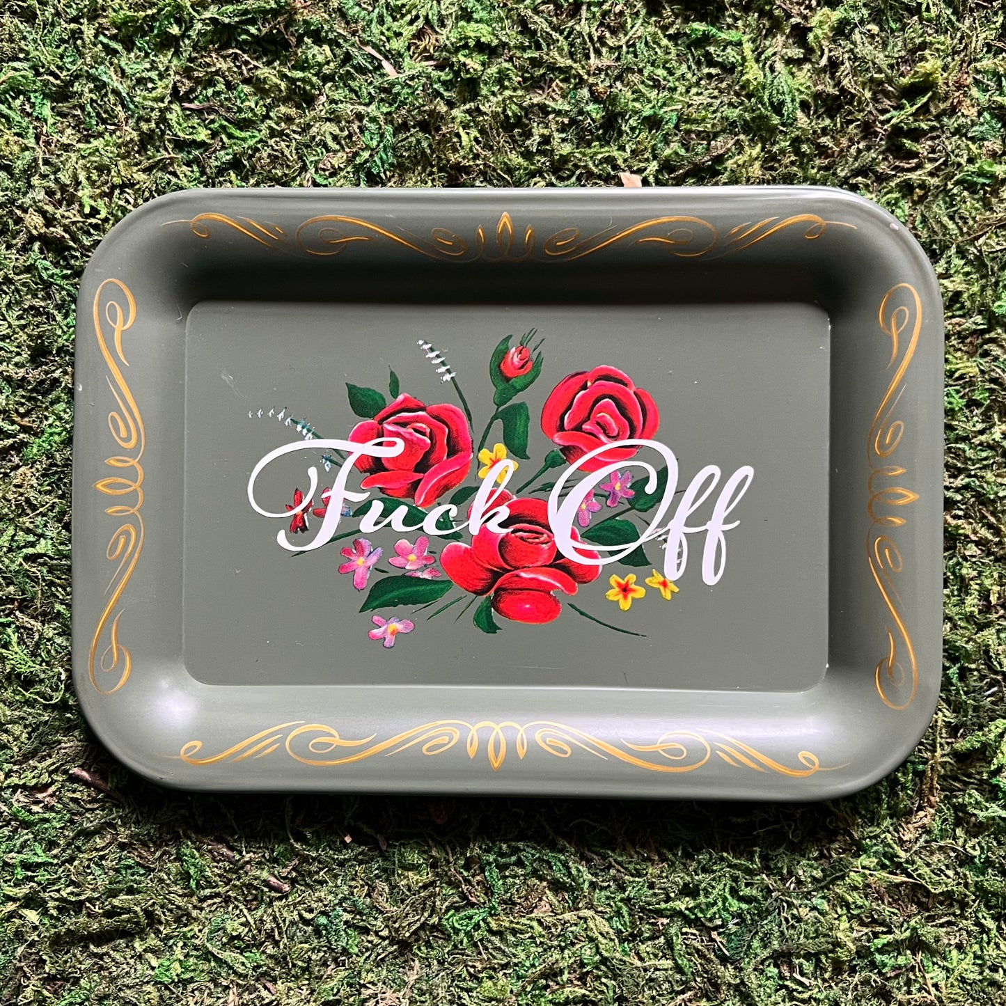Fuck Off Vintage Sage Lithoware Tole Rose Tray