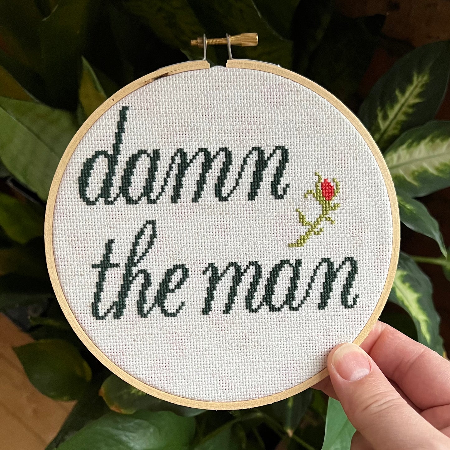 Damn the Man 6” Hand Stitched Cross Stitch Hoop