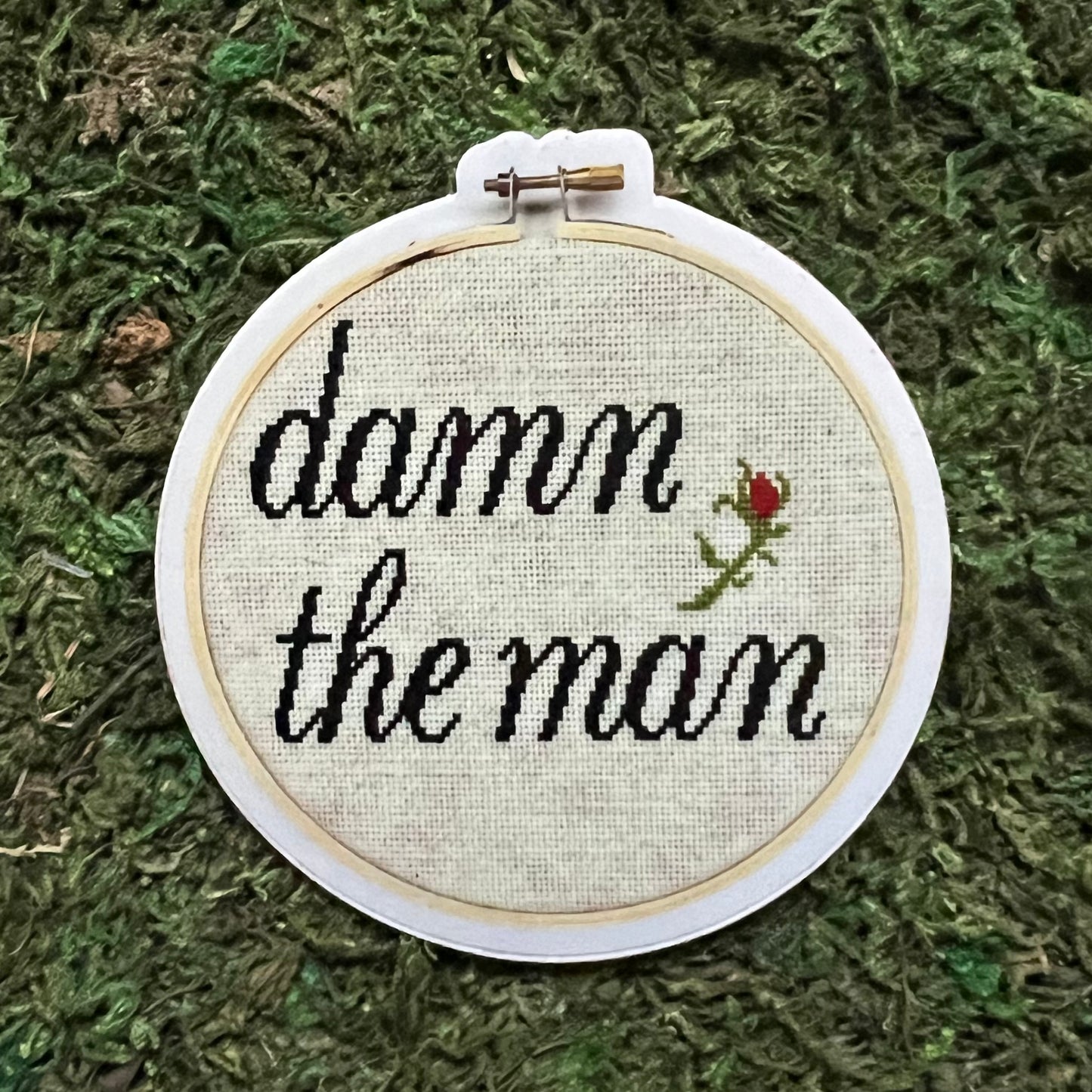 Damn the Man Cross Stitch Inspired Vinyl Sticker