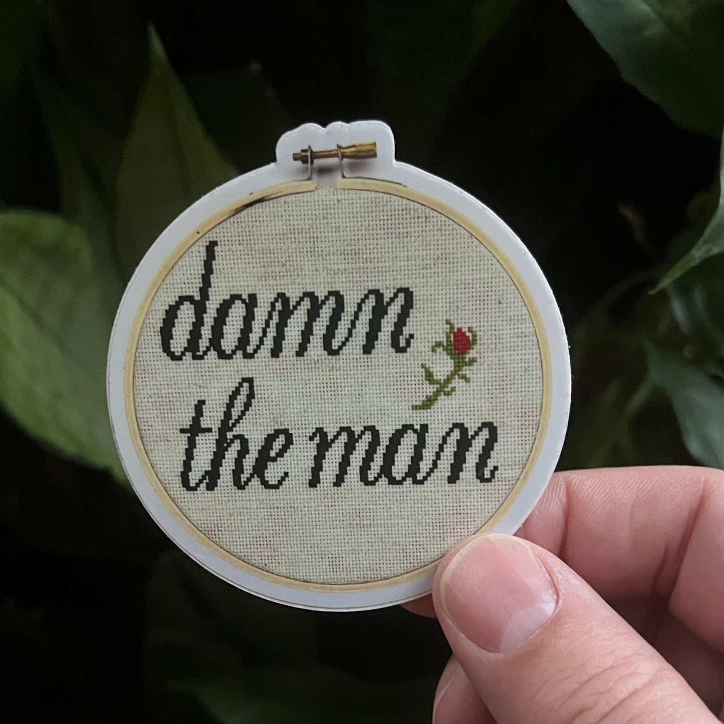 Damn the Man Cross Stitch Inspired Vinyl Sticker