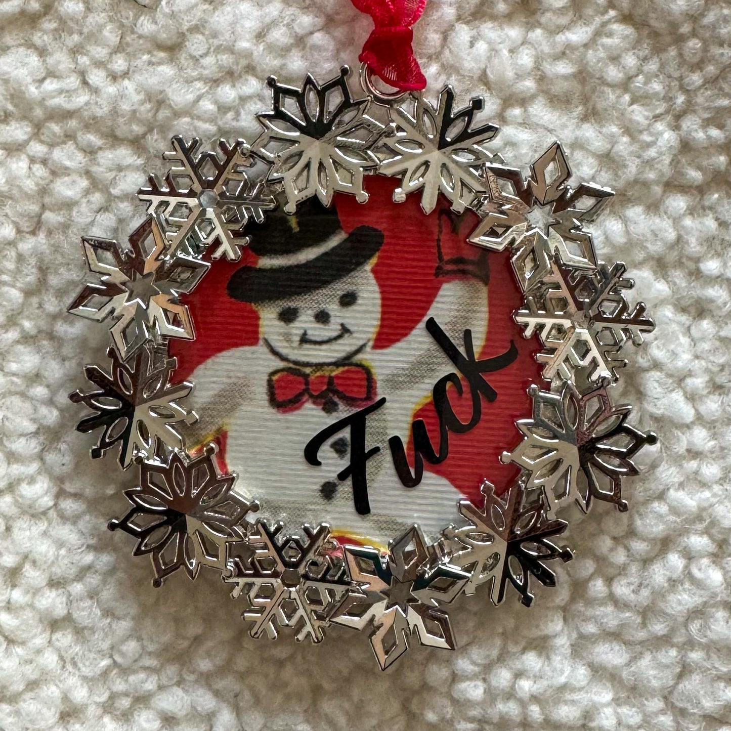 Vintage Snowman Snowflake Wreath Fuck Holiday Ornament