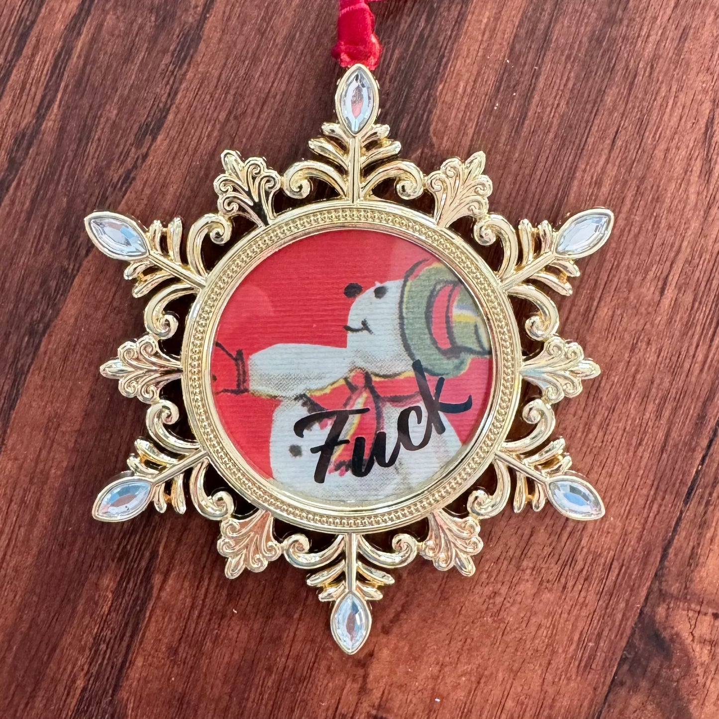 Vintage Snowman Snowflake Fuck Gold Holiday Ornament