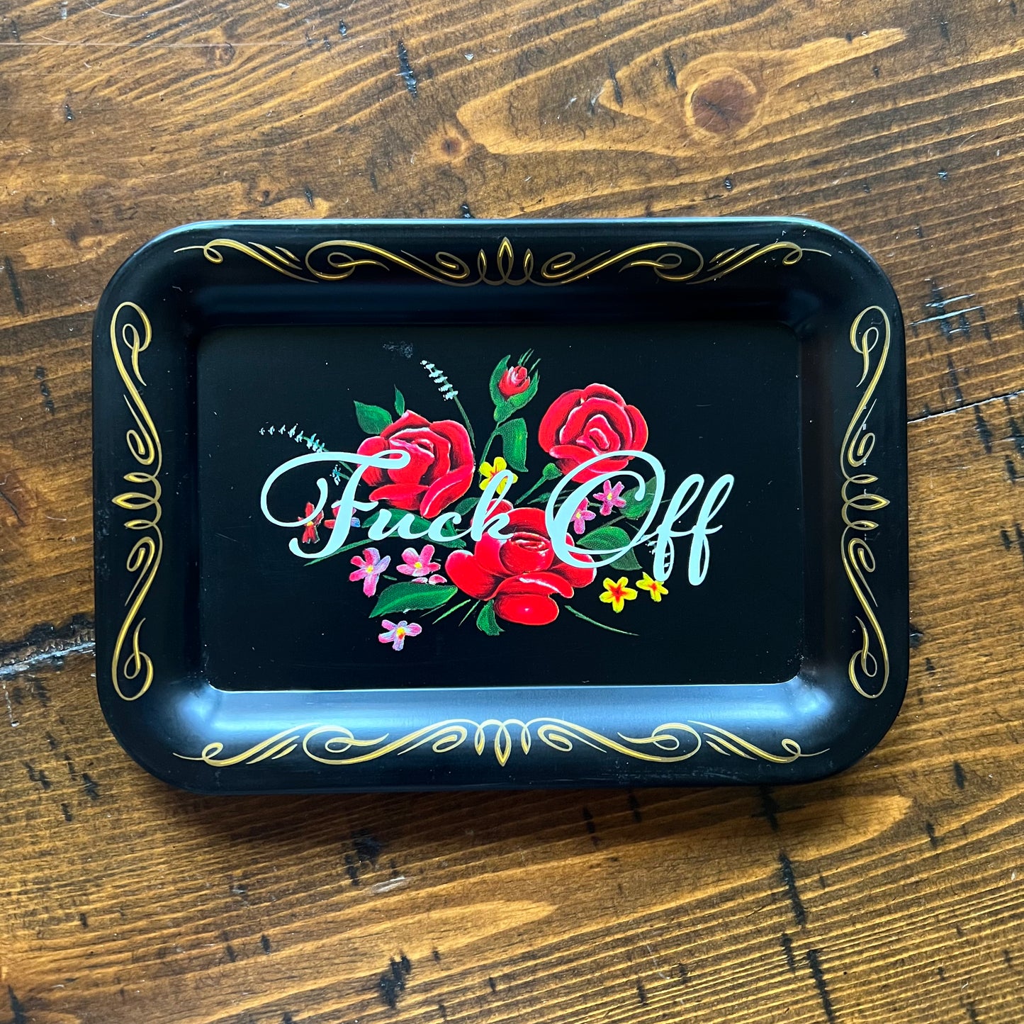 Fuck Off Vintage Black Lithoware Tole Rose Tray