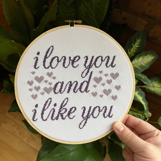 I Love You and I Like You 8” Hand Stitched Cross Stitch Hoop