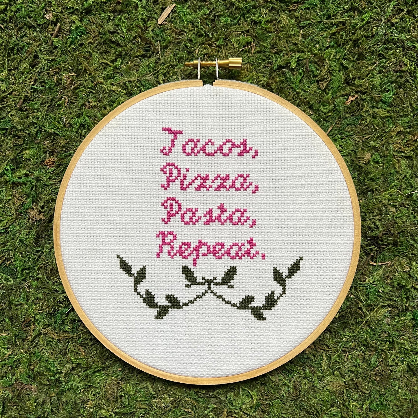 Tacos Pizza Pasta Repeat 6” Hand Stitched Cross Stitch Hoop