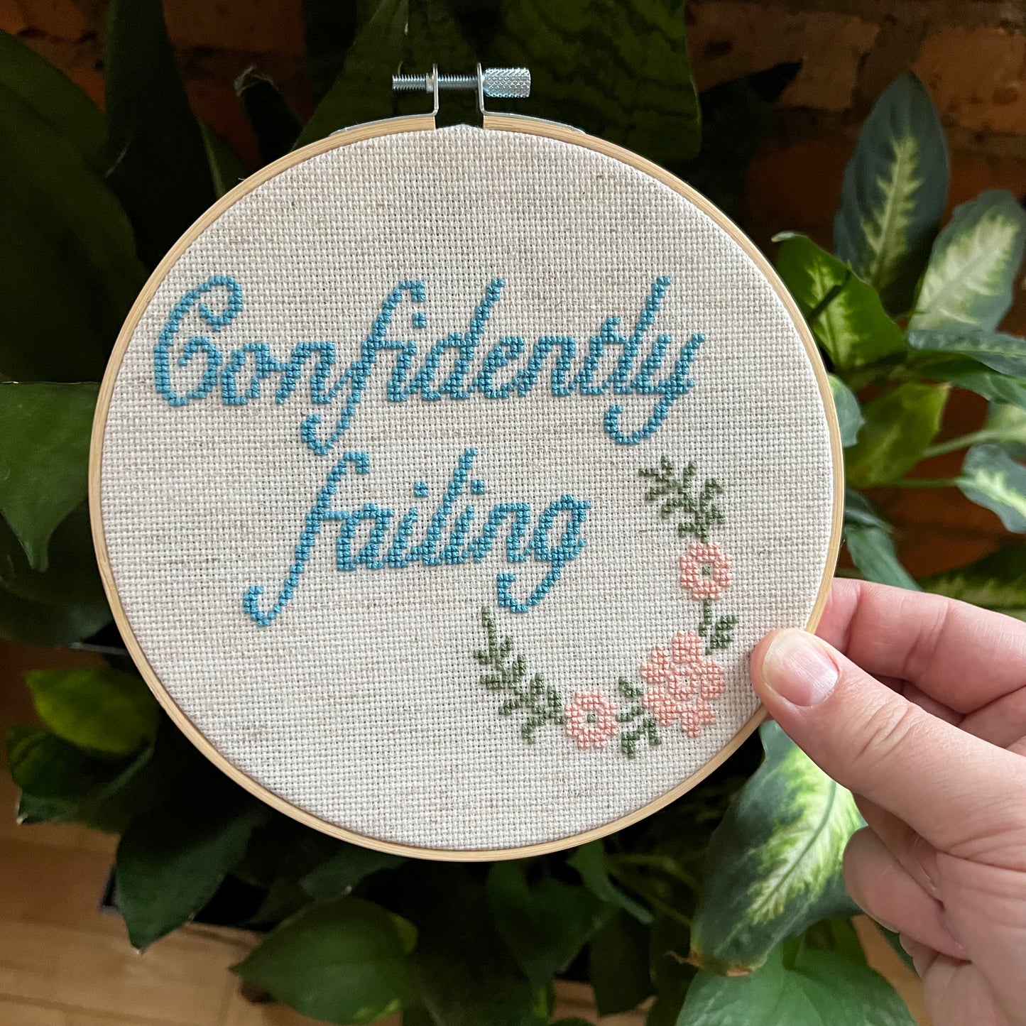 Confidently Failing 7” Hand Stitched Cross Stitch Hoop