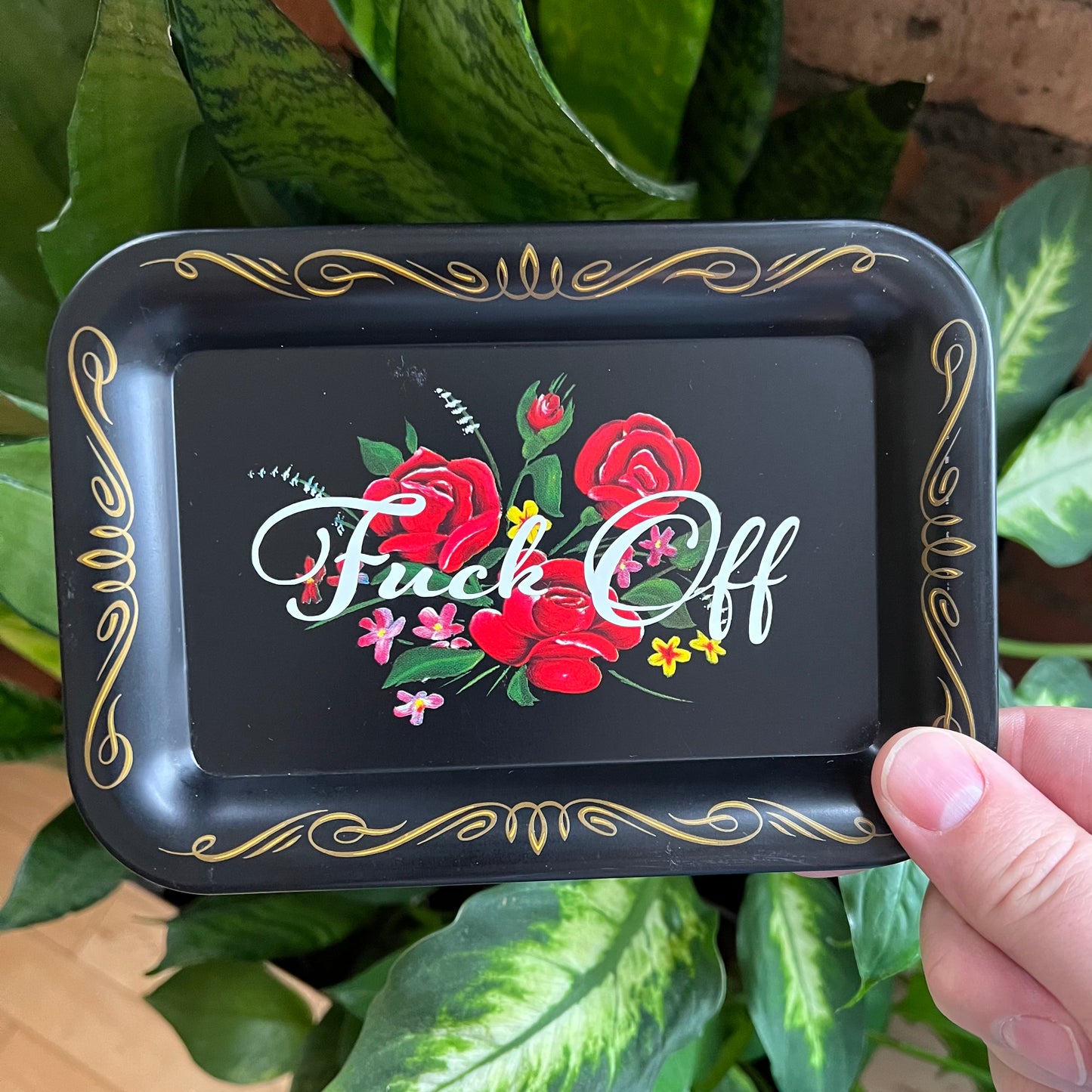 Fuck Off Vintage Black Lithoware Tole Rose Tray