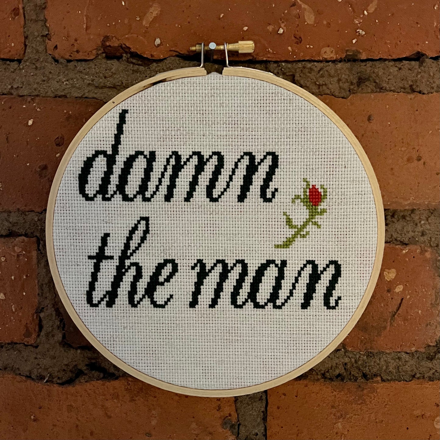 Damn the Man 6” Hand Stitched Cross Stitch Hoop