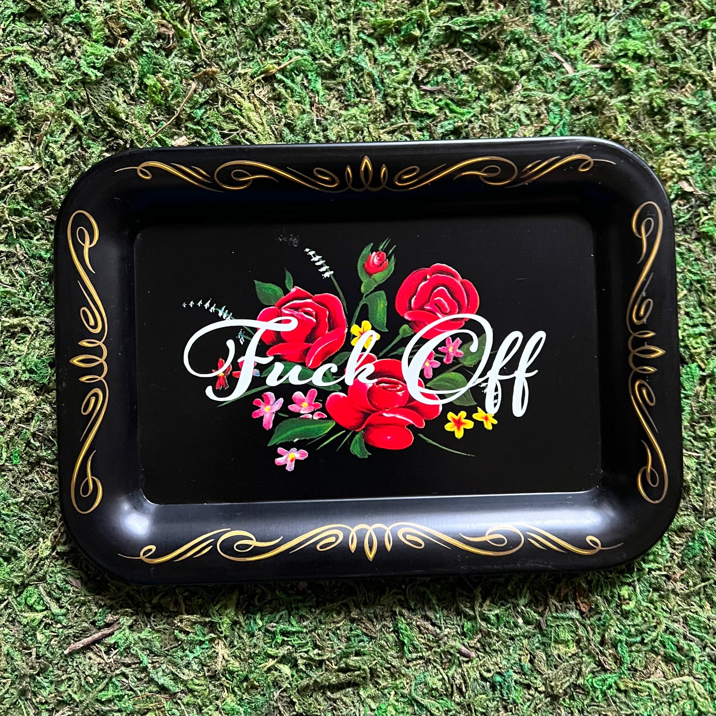 Fuck Off Vintage Black Lithoware Tole Rose Tray