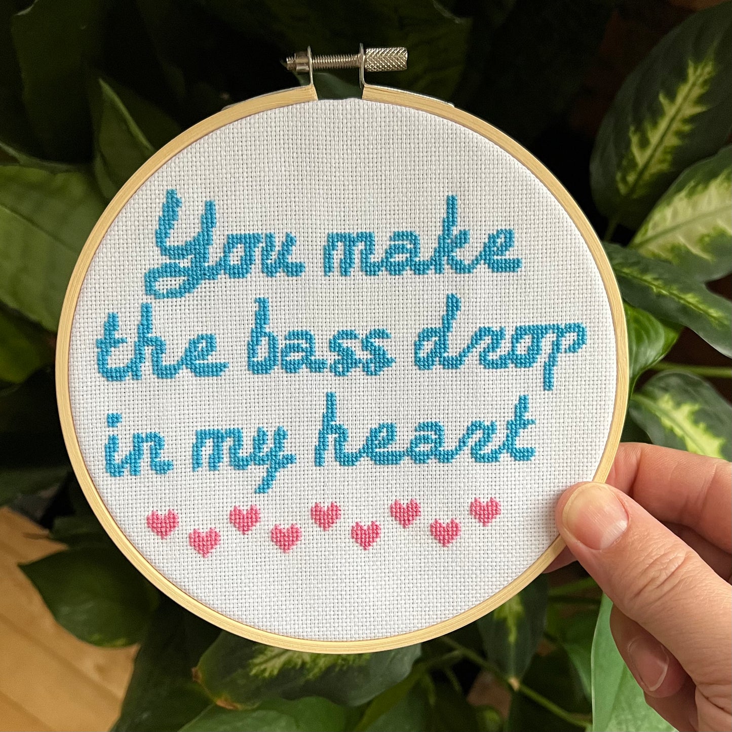 You Make The Bass Drop In My Heart 6” Hand Stitched Cross Stitch Hoop