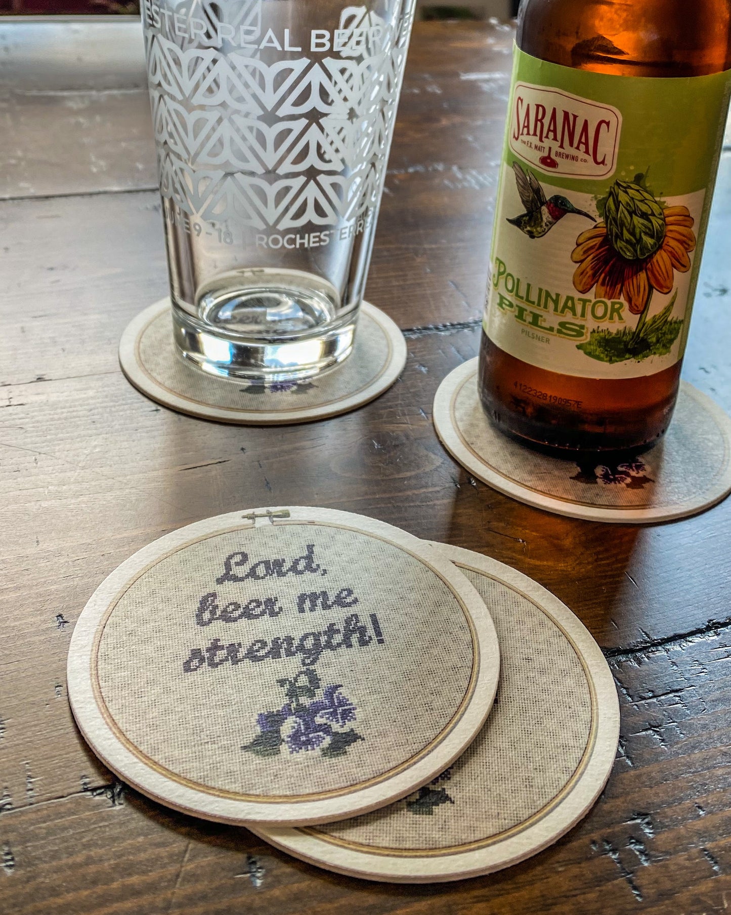 Lord Beer Me Strength - 4 Pack Cross Stitch Inspired Paper Coasters