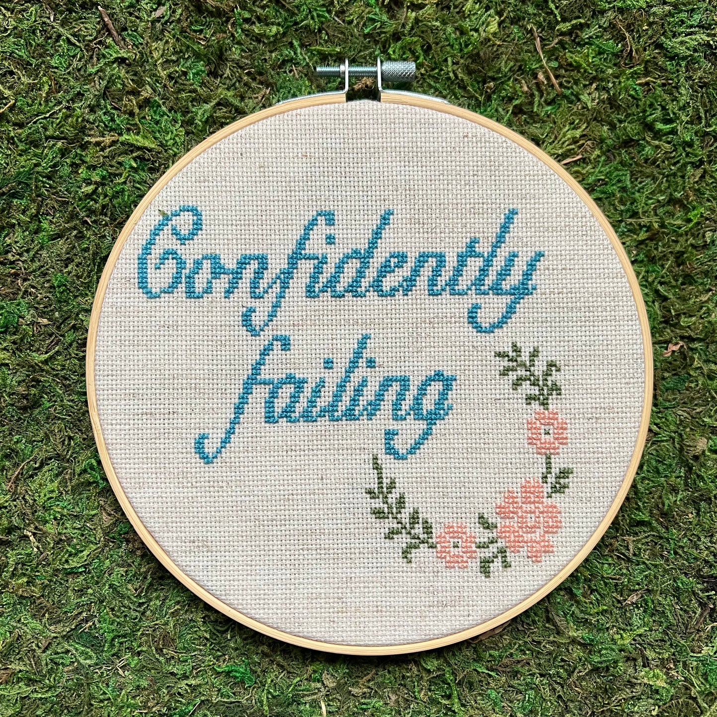 Confidently Failing 7” Hand Stitched Cross Stitch Hoop