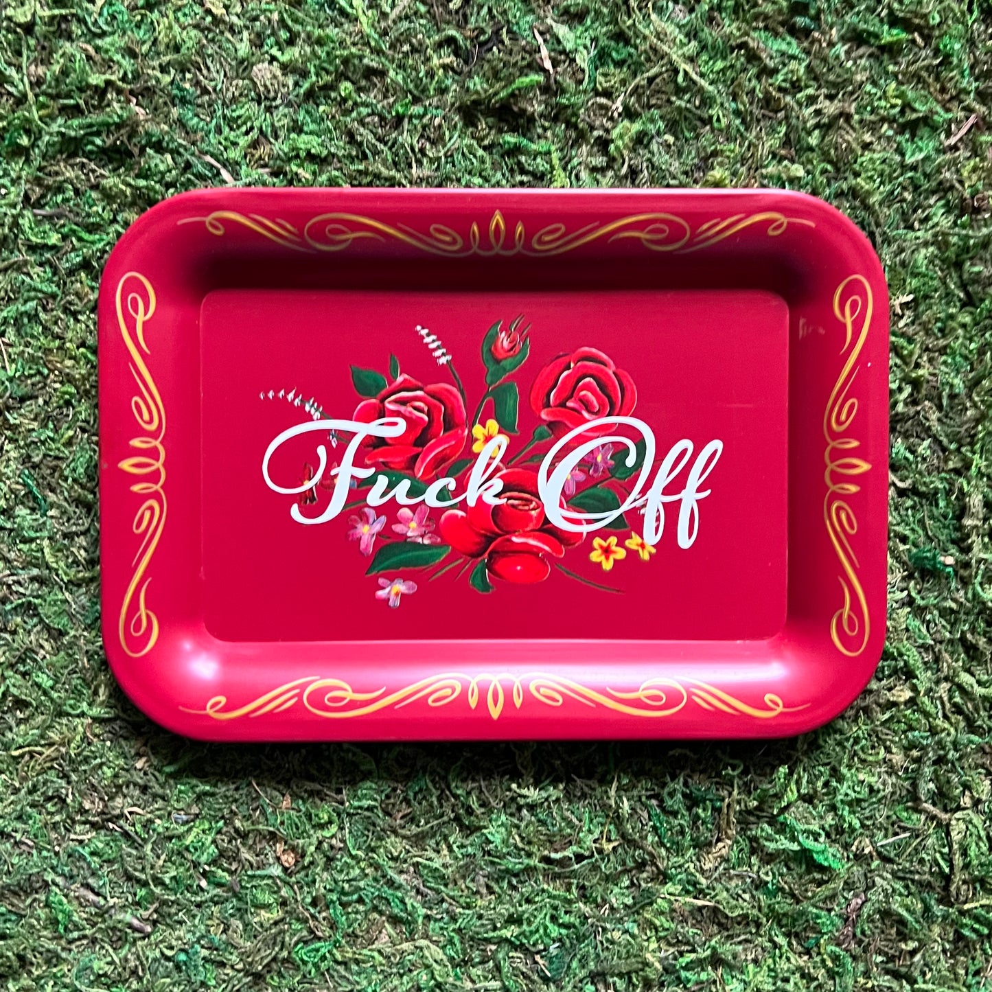Fuck Off Vintage Red Lithoware Tole Rose Tray